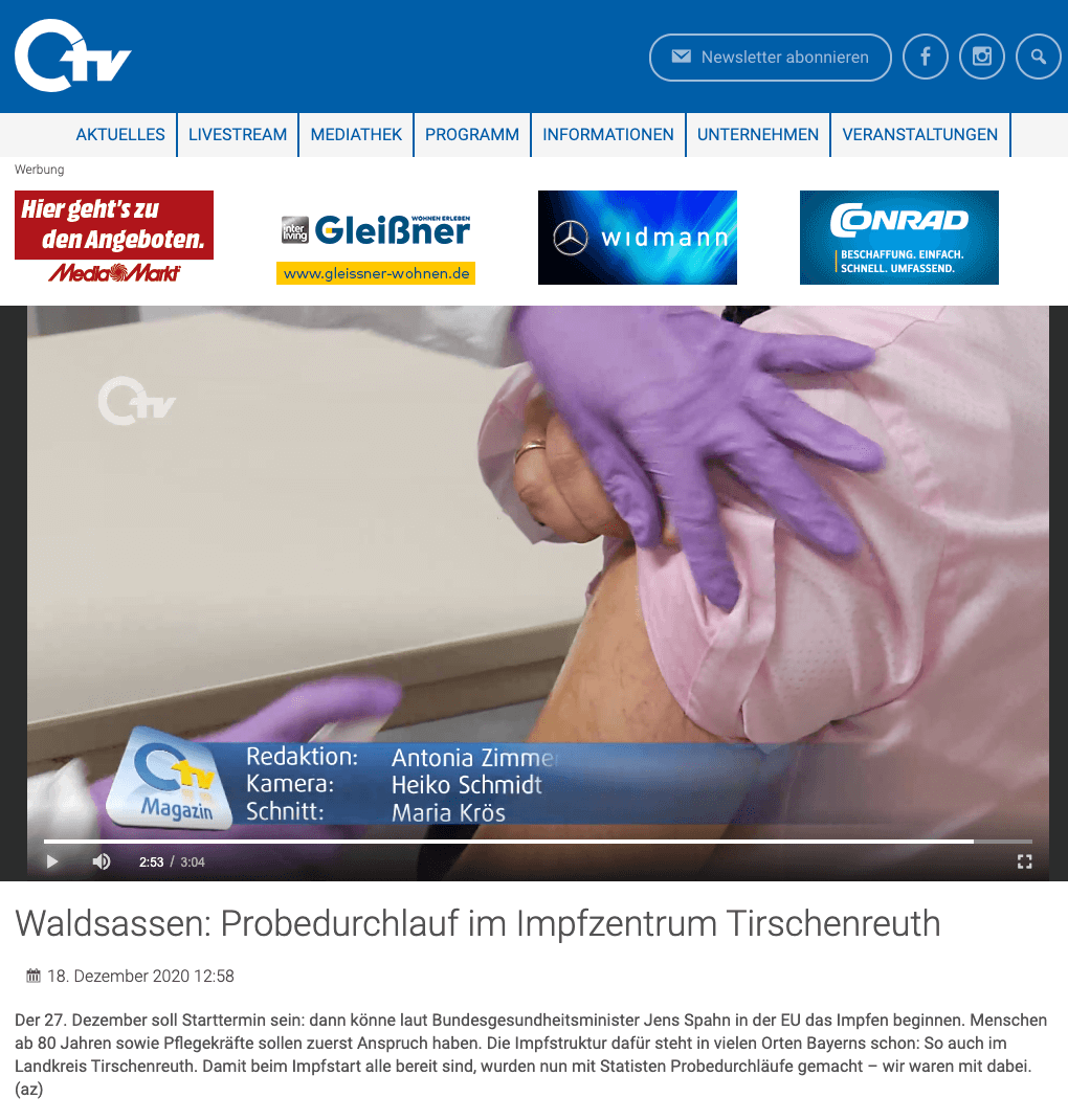 An der Überschrift und dem zugehörigen Text in der Mediathek von Oberpfalz TV ist zu erkennen, dass es sich um einen Probedurchlauf im Dezember 2020 handelte. (Quelle: OTV / Screenshot: CORRECTIV.Faktencheck)