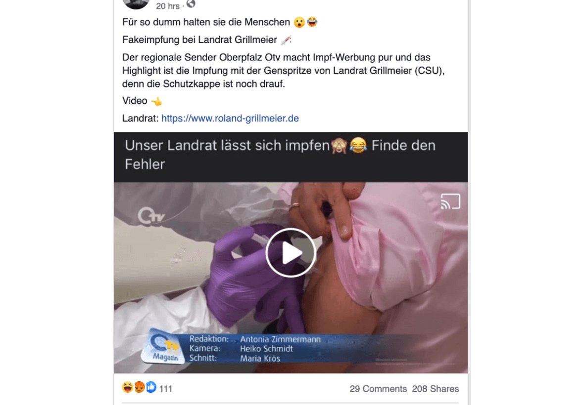 Einer der auf Facebook geteilten Beiträge über eine angebliche Schein-Impfung von CSU-Politiker Roland Grillmeier (Quelle: Facebook / Screenshot am 27. Januar 2021: CORRECTIV.Faktencheck)