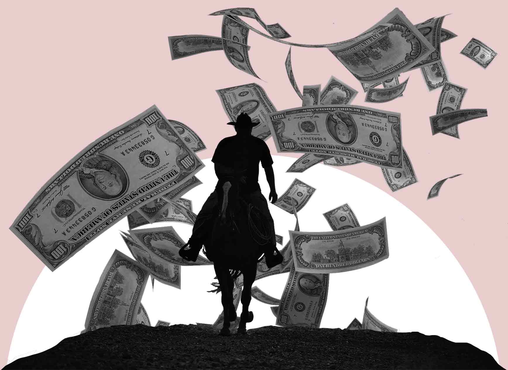 Cum Ex: Collage aus einem Geldregen und einem reitenden Cowboy