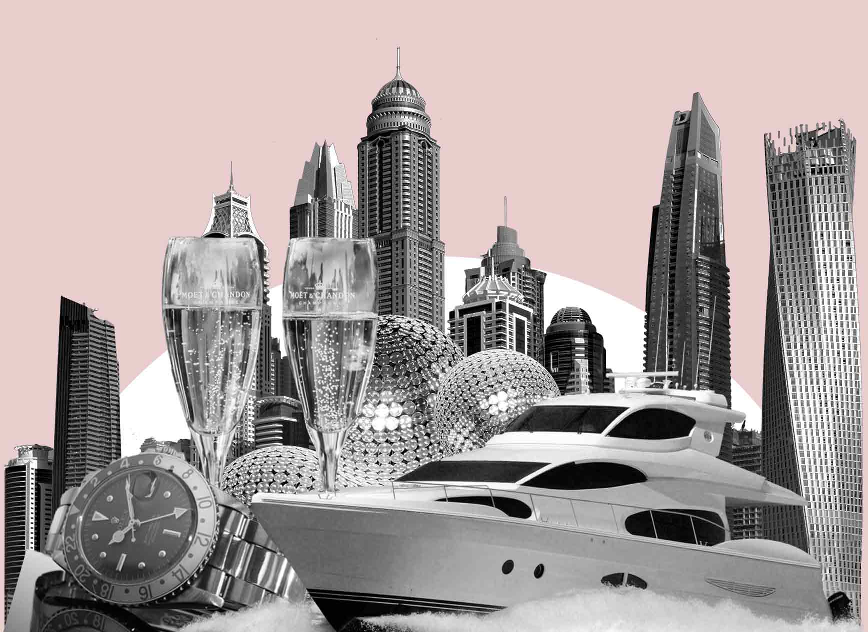 Collage aus Luxusgütern, die durch Cum-Ex Gelder finanziert wurden