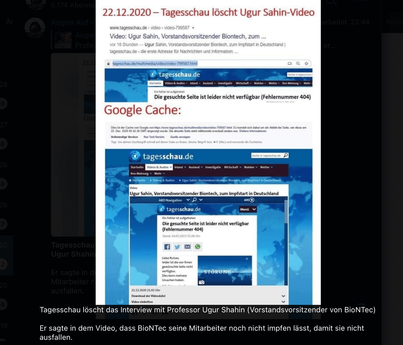 Eine in Sozialen Netzwerken verbreitete Bildcollage zeigt die Internetseite der Tagesschau und suggeriert, ein Interview mit Uğur Şahin sei gelöscht worden. 