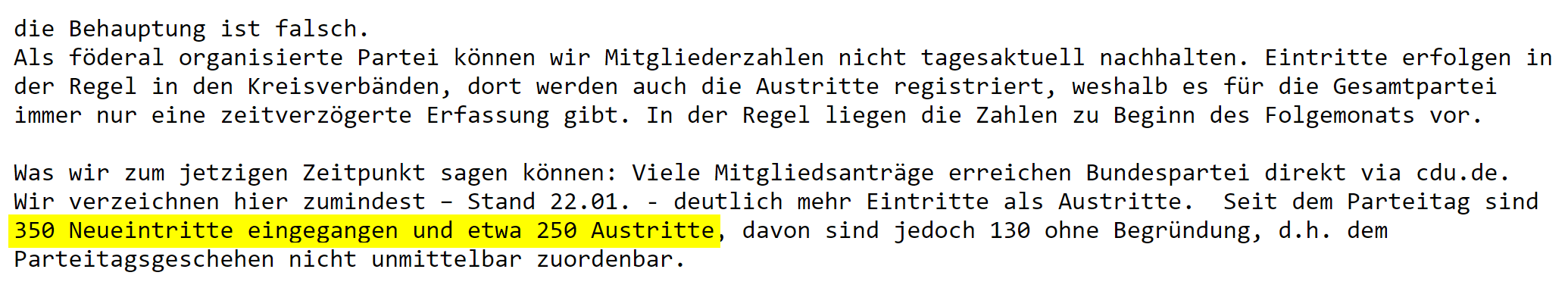 Auszug aus der E-Mail der Pressesprecherin der CDU