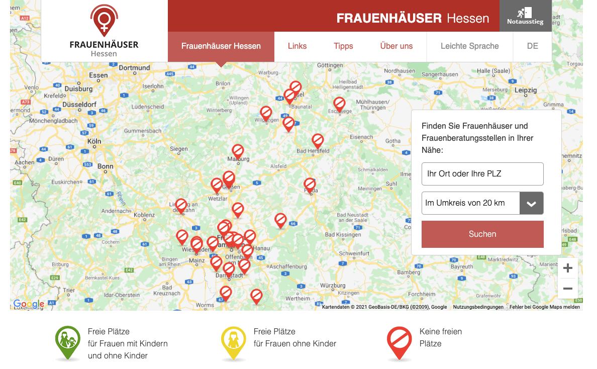 Die Karte von Hessen mit den Standorten der Frauenhäuser. Rote Stoppschilder zeigen an, dass am 5. Februar 2021 alle Einrichtungen belegt waren.