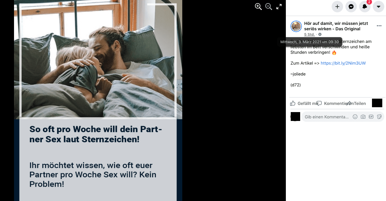 Ein Facebook-Beitrag bewirbt einen Artikel über Sex-Tipps