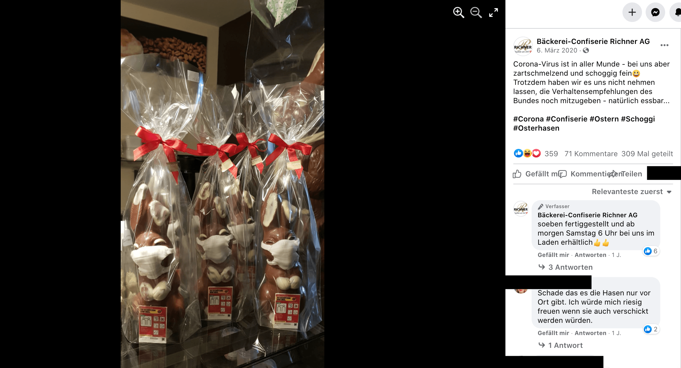 Die Schokoladenhasen auf der Facebook-Seite der Schweizer Bäckerei (Screenshot und Schwärzungen: CORRECTIV.Faktencheck)