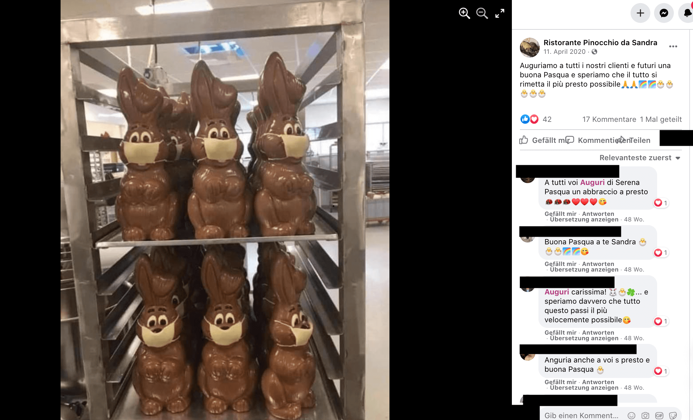 Die Schokoladenhasen auf der Facebook-Seite eines italienischen Restaurants in der Schweiz (Screenshot und Schwärzungen: CORRECTIV.Faktencheck)