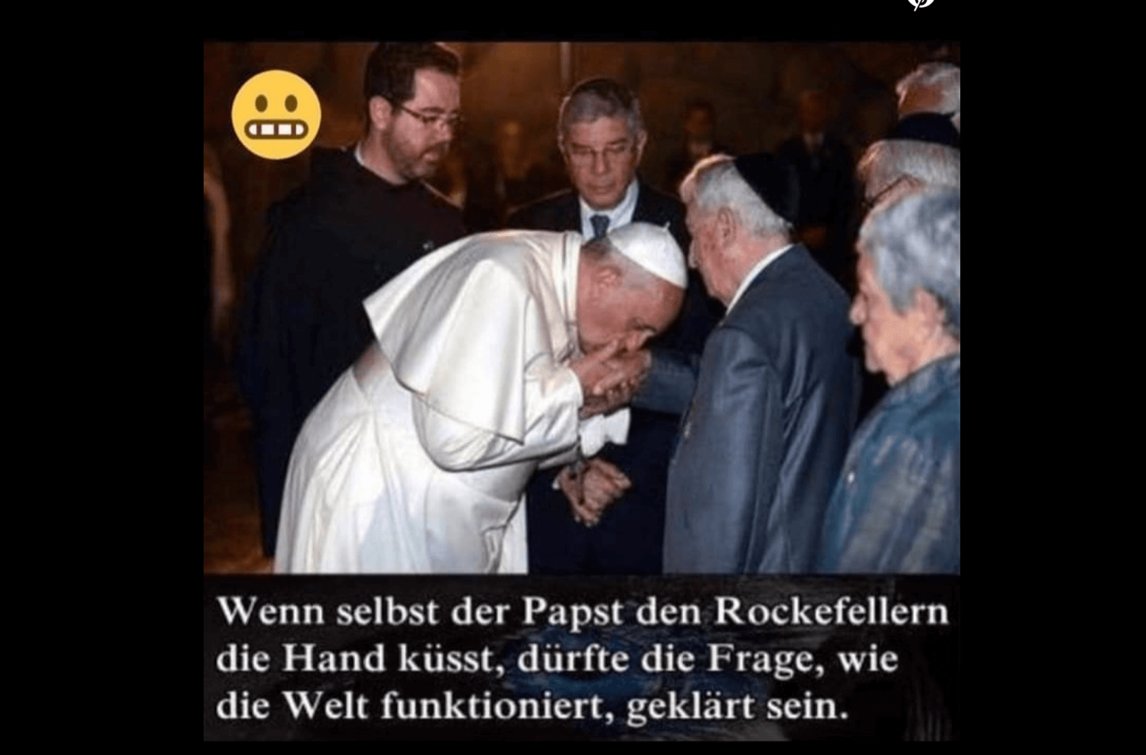 Dieses Foto, das den Papst zeigt, wie er einem Mann die Hand küsst, kursiert aktuell auf Facebook (Quelle: Facebook / Screenshot: CORRECTIV.Faktencheck)