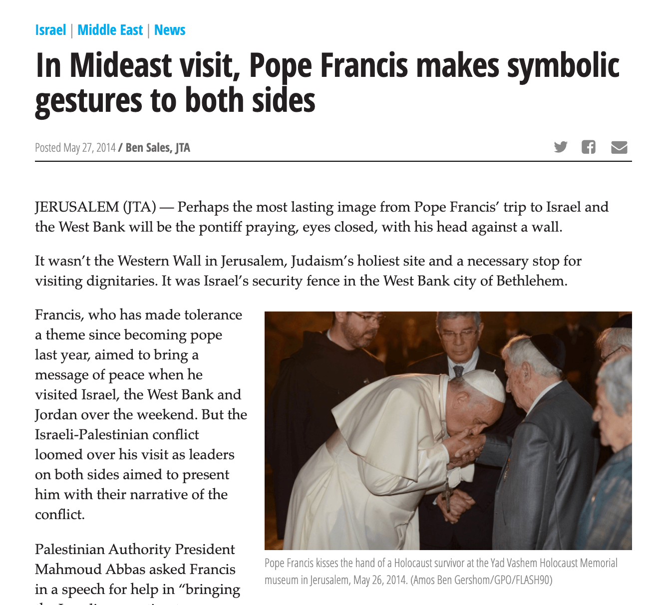 Ein Ausschnitt des Artikels vom 27. Mai 2014 in der Arizona Jewish Post, in dem das Foto des Papsts verwendet wurde (Quelle: Arizona Jewish Post / Screenshot: CORRECTIV.Faktencheck) 