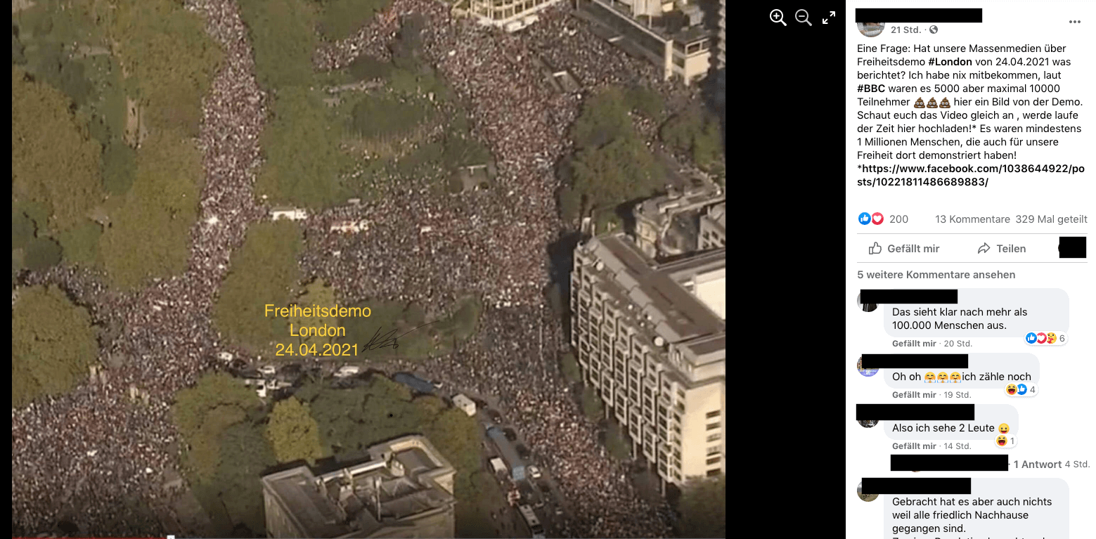 Facebook-Beitrag mit einer Luftaufnahme aus London