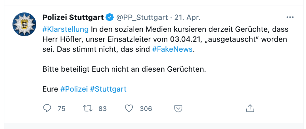 In einem Tweet vom 21. April 2021 dementiert die Polizei Stuttgart die Gerüchte um Carsten Höfler. (Quelle: Twitter / Screenshot am 27. April: CORRECTIV.Faktencheck)