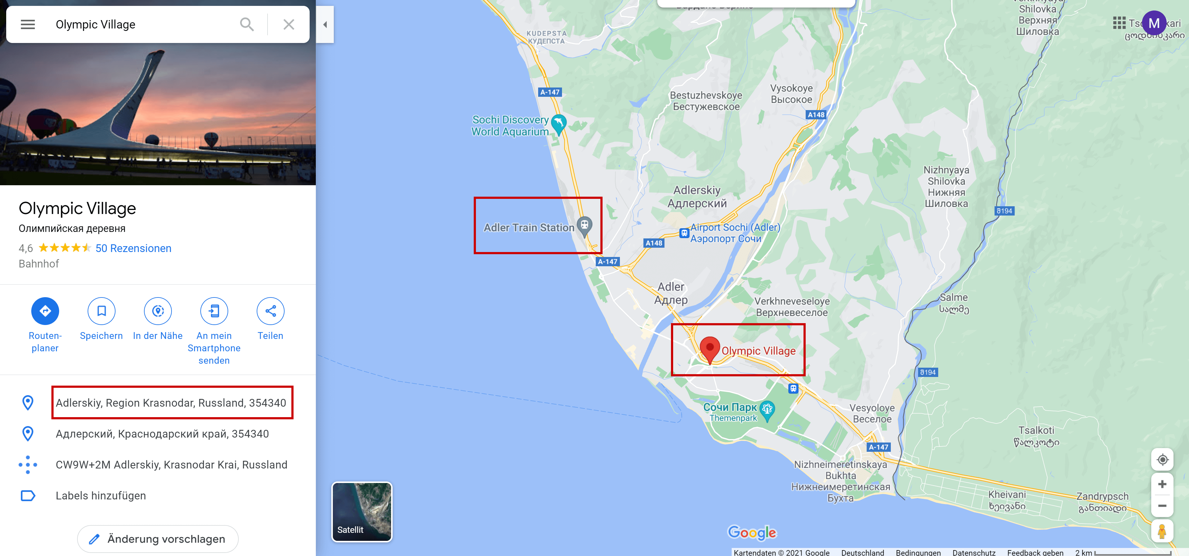 Screenshot von Google Maps, der die Haltestellen Adler und Olympic Village zeigt