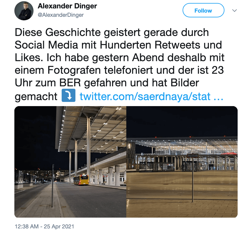 Ein Tweet des Journalisten Alexander Dinger zeigt zwei Bilder, die der Fotograf Morris Pudwell am selben Abend am Flughafen gemacht hat