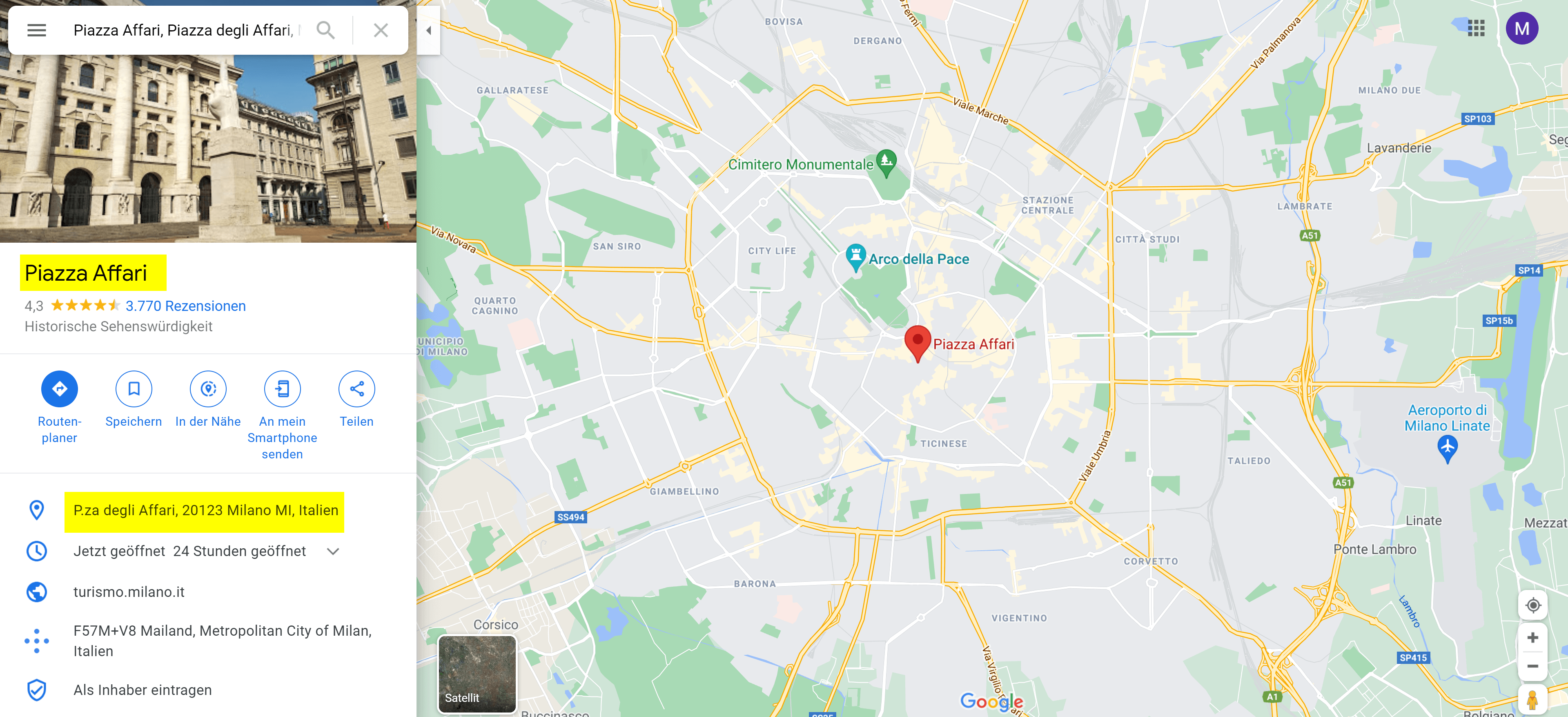 Screenshot einer Aufnahme bei Google Maps, die zeigt, wo sich der Piazza Affari befindet
