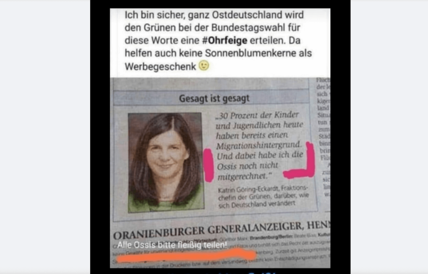 Dieses Foto eines Zeitungsausschnitts mit der Aussage der Grünen-Politikerin Göring-Eckardt wird aktuell verbreitet (Quelle: Facebook/ Screenshot: CORRECTIV.Faktencheck)