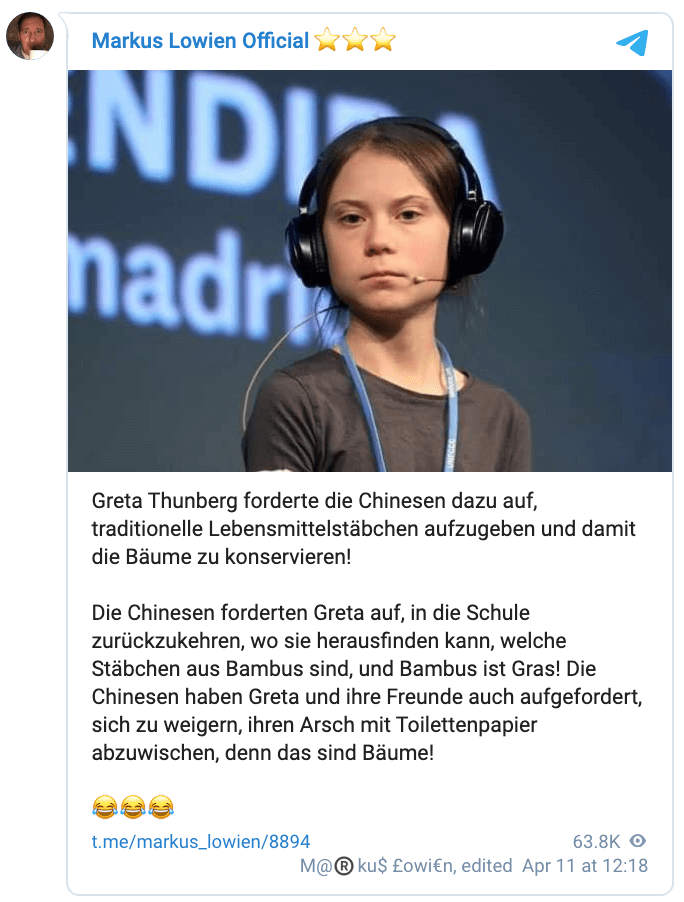 Diese Behauptung über Greta Thunberg tauchte am 11. April auf Telegram auf