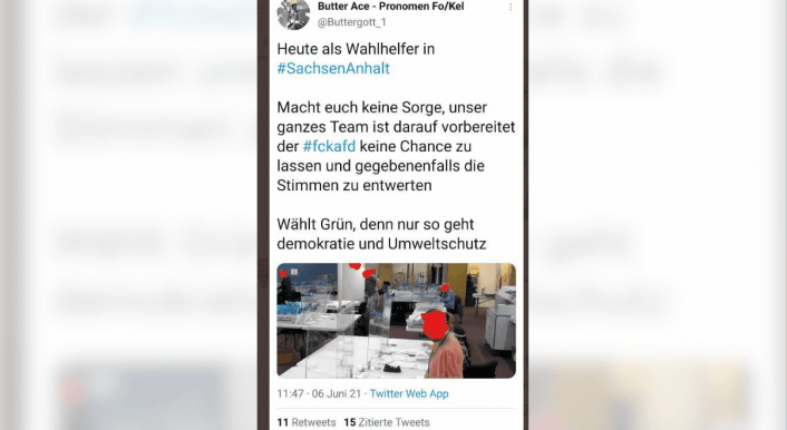 In Sozialen Netzwerken kursiert ein Bild, das mit der Landtagswahl in Sachsen-Anhalt nichts zu tun hat. Es stammt von der US-Wahl 2020. (Quelle: Facebook / Screenshot: CORRECTIV.Faktencheck)