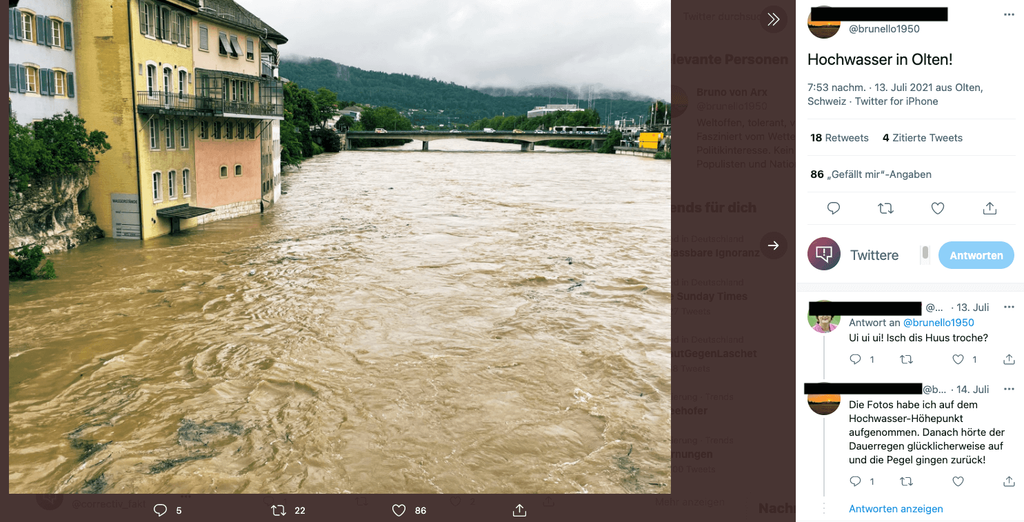 Tweet mit dem Hochwasser-Foto aus Olten