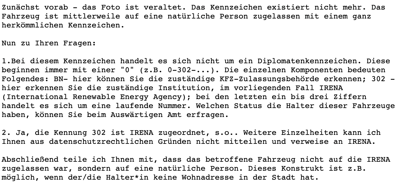 Auszug aus der E-Mail der Stadt Bonn vom 20. Juli 