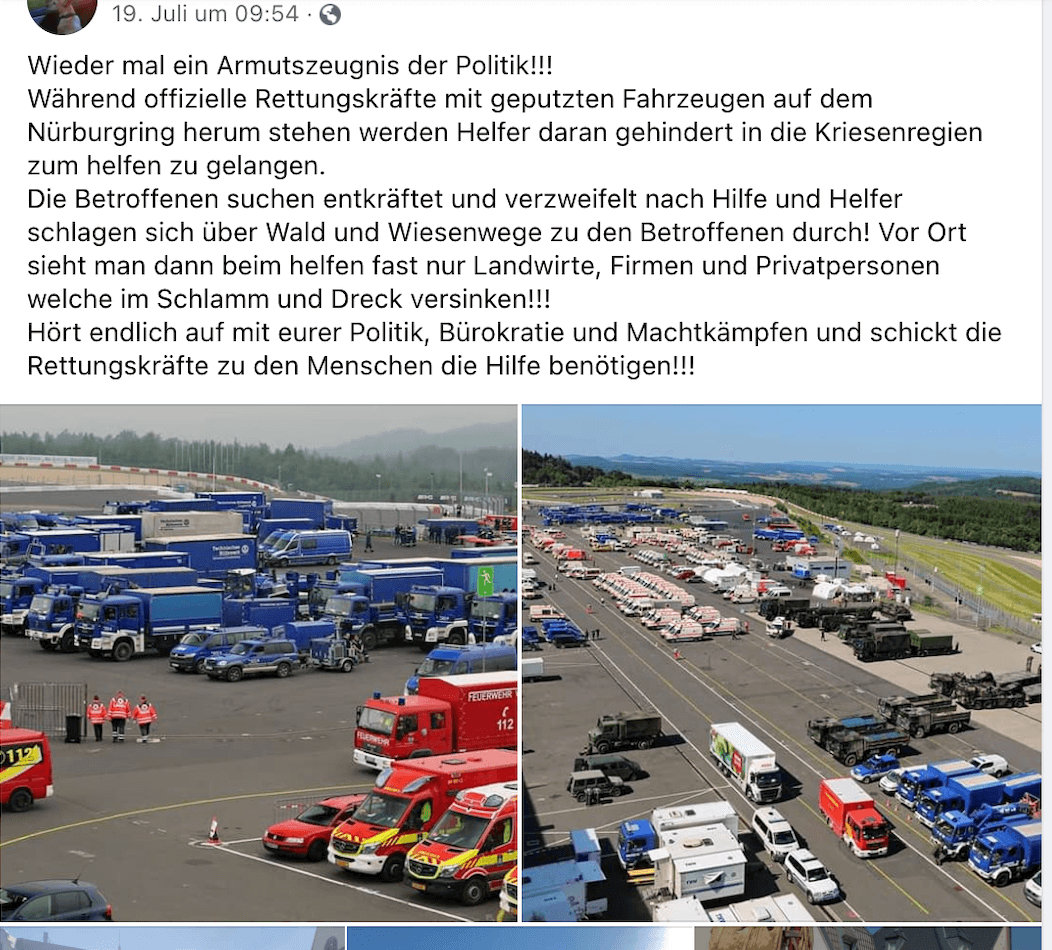 Einer der Facebook-Beiträge, der Fotos vom Nürburgring verbreitet (Quelle: Facebook / Screenshot am 23. Juli 2021: CORRECTIV.Faktencheck)