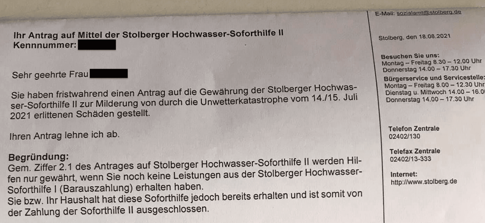 Ausschnitt des auf Facebook veröffentlichten Fotos des Briefs vom Sozialamt Stolberg 