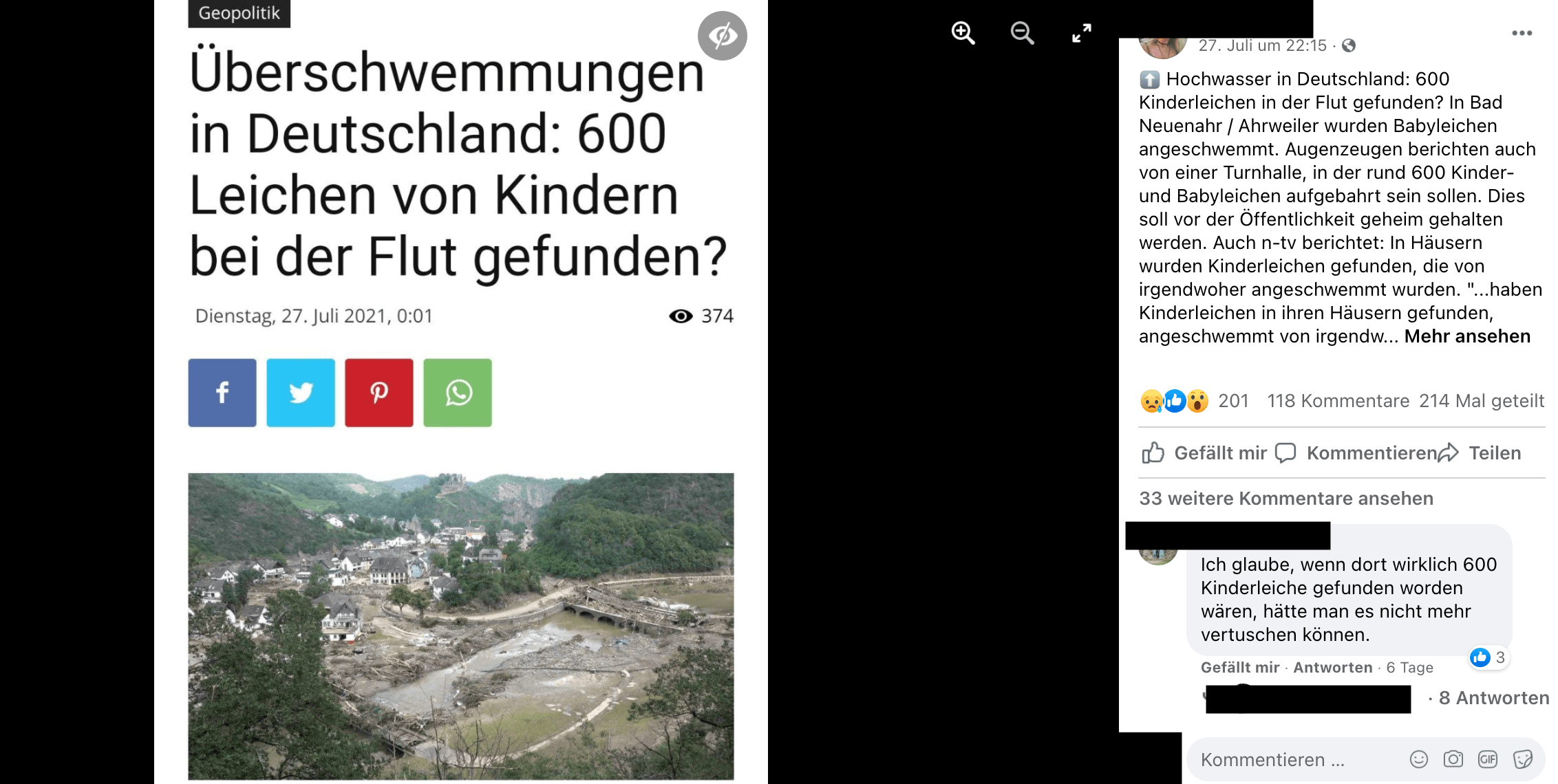 Dieser Beitrag über angebliche 600 gefundene Kinderleichen im Hochwassergebiet in Rheinland-Pfalz verbreitet sich auf Facebook (Quelle: Facebook / Screenshot und Unkenntlichmachung am 04.08.21: CORRECTIV.Faktencheck) 