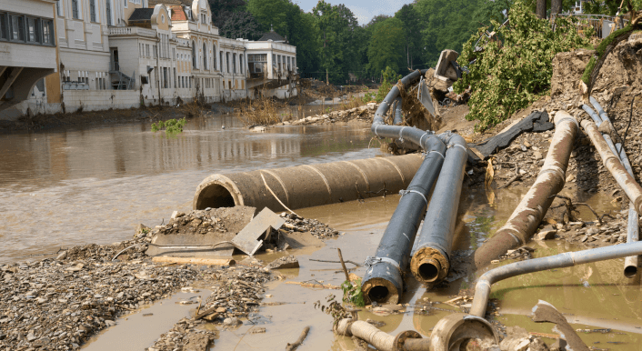 Die Flutkatastrophe hat in Rheinland-Pfalz, wie hier am Ufer der Ahr, große Schäden angerichtet. Bis Ende Juli waren 134 Todesopfer gemeldet worden. Dass 600 Kinderleichen gefunden worden seien, ist hingegen eine Falschmeldung (Credit: Picture Alliance/ DPA/ Thomas Frey)