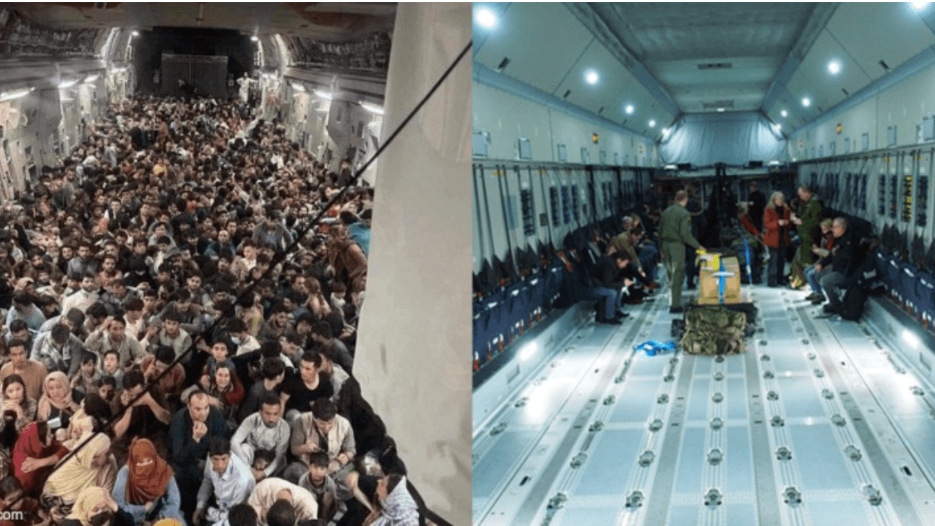 Diese beiden Fotos werden aktuell in Sozialen Netzwerken im Zusammenhang mit Evakuierungen aus Afghanistan verbreitet. Das linke ist aktuell und zeigt den Innenraum einer US-Luftwaffen-Maschine, das rechte jedoch zeigt den Innenraum einer Bundeswehr-Maschine und ist nicht aktuell. (Quelle: Reddit/ Screenshot: CORRECTIV.Faktencheck)
