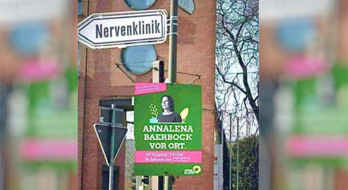 Auf Facebook verbreitet sich ein manipuliertes Bild, das ein Wahlplakat aus dem Jahr 2019 unter einem Schild mit der Aufschrift „Nervenklinik“ zeigt
