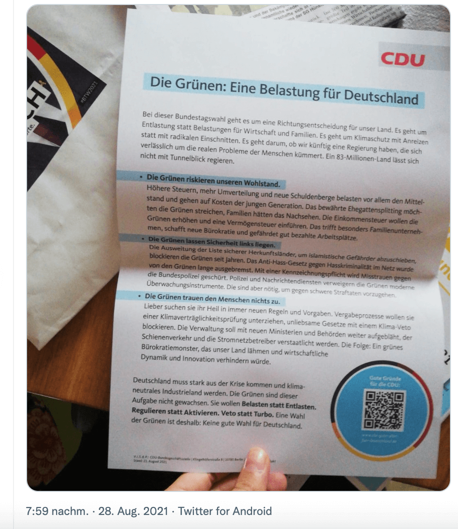 Foto des CDU-Briefes über die Grünen als „Belastung für Deutschland“
