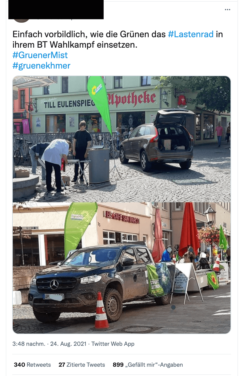 Einer der Twitter-Beiträge, in dem behauptet wird, die beiden Bilder seien im Wahlkampf für die Bundestagswahl entstanden (Quelle: Twitter/ Screenshot und Schwärzung: CORRECTIV.Faktencheck)