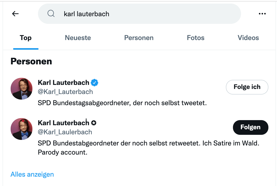 Auf Twitter exisitiert der verifizierte Account des SPD-Politikers Karl Lauterbach (oben), sowie ein Satire-Account, der den vermeintlichen Tweet veröffentlicht hat (Quelle: Twitter / Screenshot: CORRECTIV.Faktencheck)