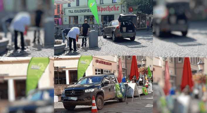 In Sozialen Netzwerken kursieren Bilder, die angeblich große Autos bei Bundestags-Wahlkampfveranstaltungen der Grünen zeigen sollen (Quelle: Facebook / Collage: CORRECTIV.Faktencheck)