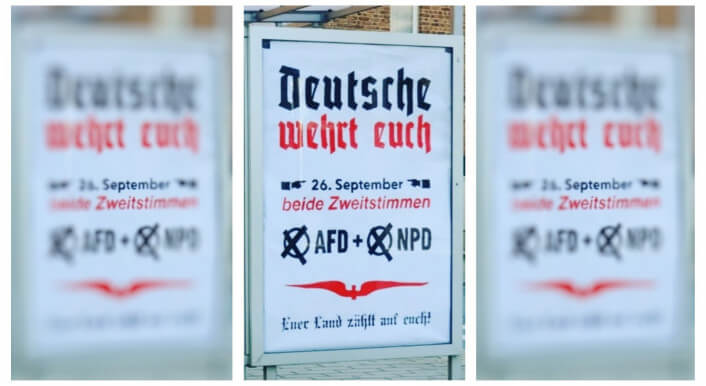 Collage aus dem betreffenden Plakat mit der Aufschrift "Deutsche wehrt euch! 26. September beide Zweitstimmen AfD und NPD"