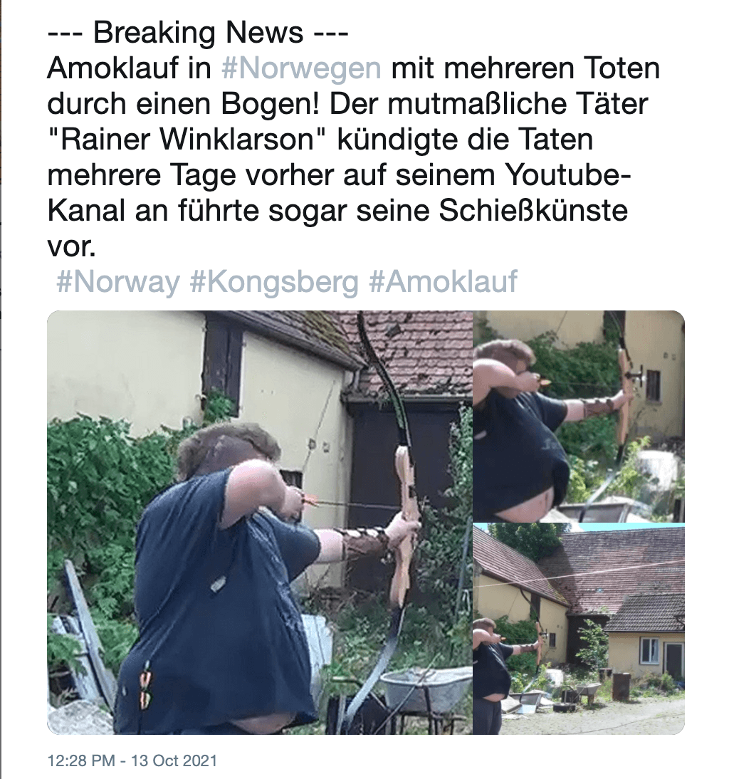 Einer der Twitter-Beiträge, der die Fotos des deutschen Youtubers in falschem Kontext verbreitet (Quelle: Twitter / Screenshot: CORRECTIV.Faktencheck)
