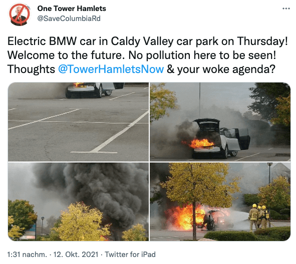 Tweet mit Fotos des brennenden Autos