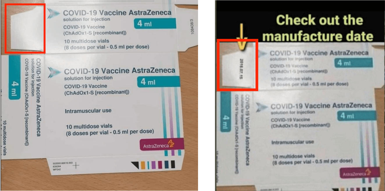 Links das Foto der Astrazeneca-Verpackung, wie es erstmals im November 2020 kursierte, rechts die manipulierte Version mit aufgedrucktem Herstellungsdatum, wie sie aktuell verbreitet wird (Quelle: Facebook, Telegram / Screenshot und rote Markierungen: CORRECTIV.Faktencheck)