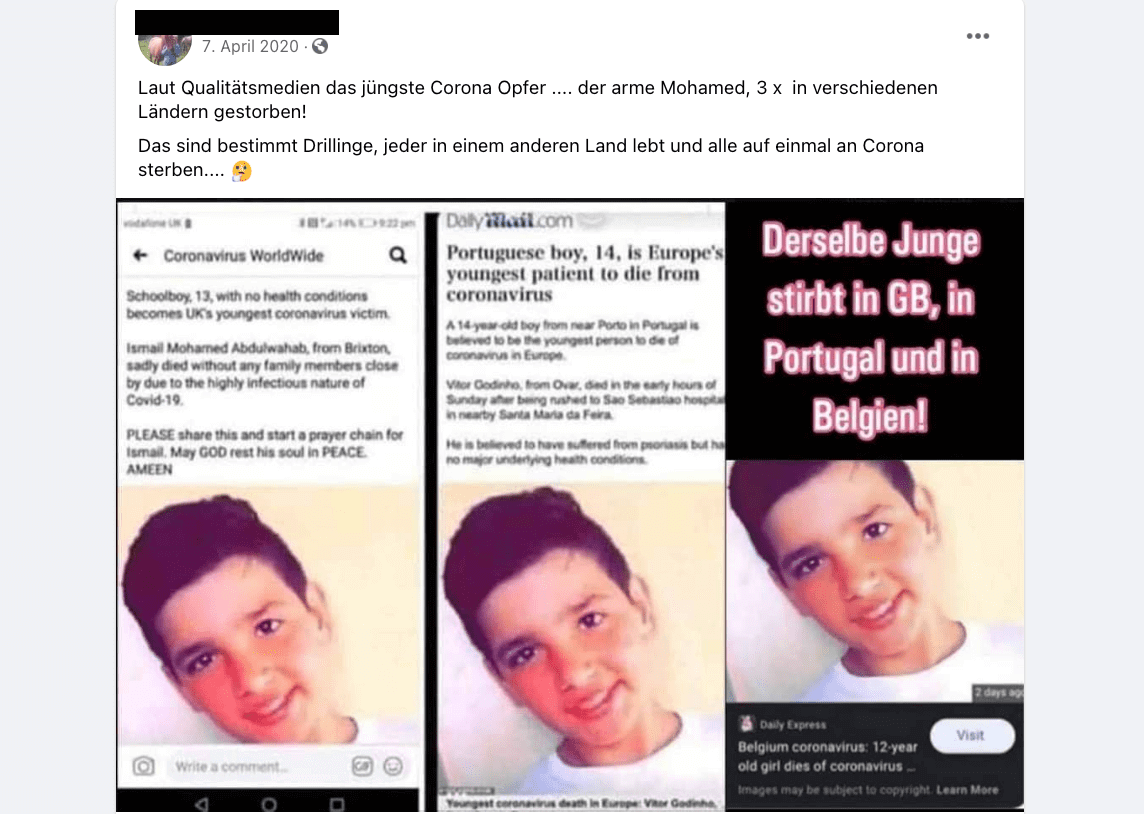 Der Junge, der in dem Facebook-Beitrag zu sehen ist, hieß nicht, wie hier behauptet, Mohamed, sondern Vitor. Er starb in Portugal – worüber Medien auch berichteten.