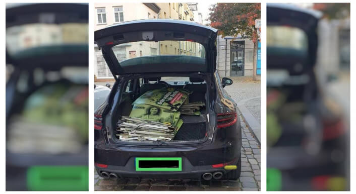 Dieses Foto von Wahlplakaten der Grünen im Kofferraum eines Porsche ist echt.