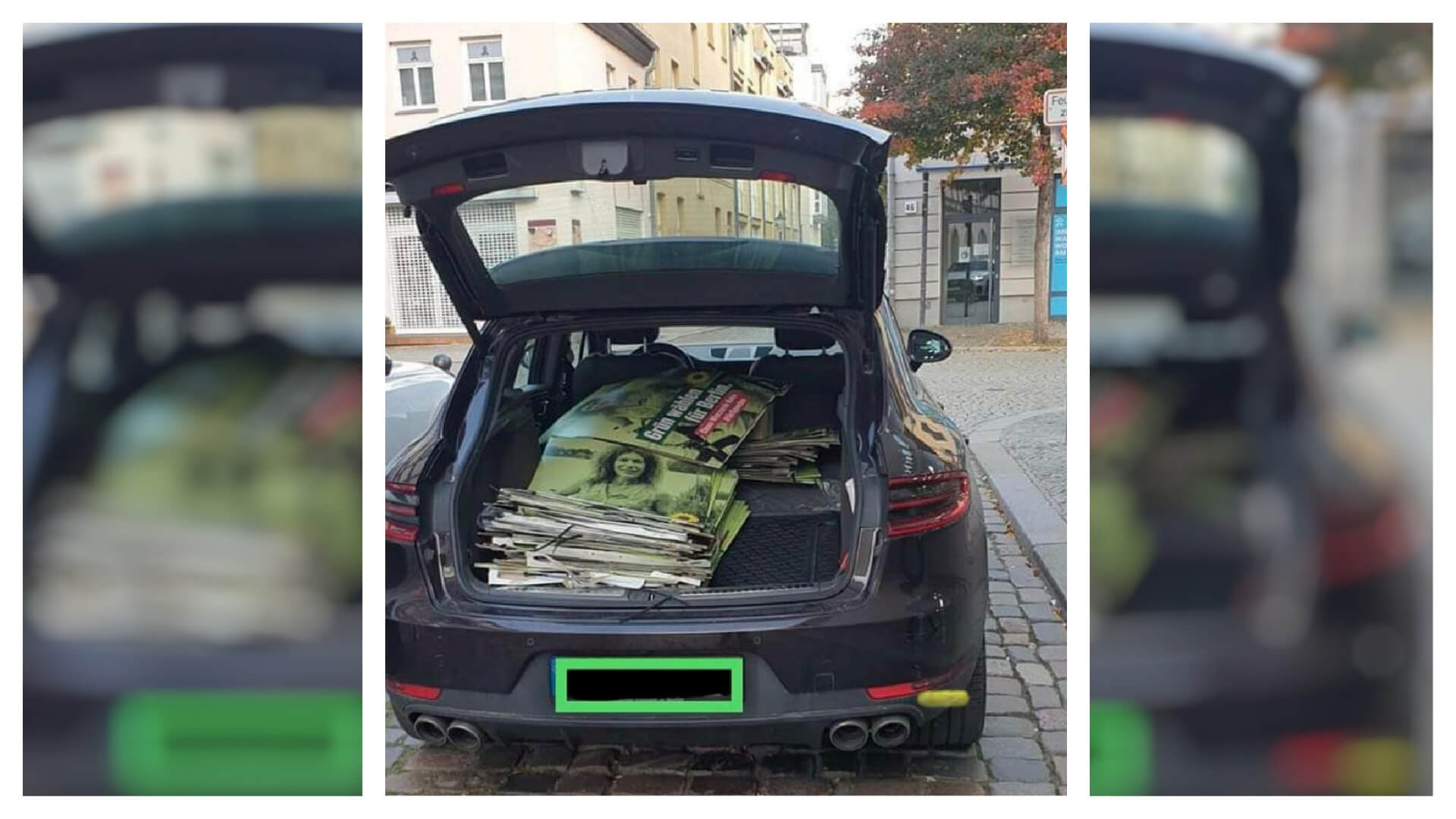 Dieses Foto von Wahlplakaten der Grünen im Kofferraum eines Porsche ist echt.