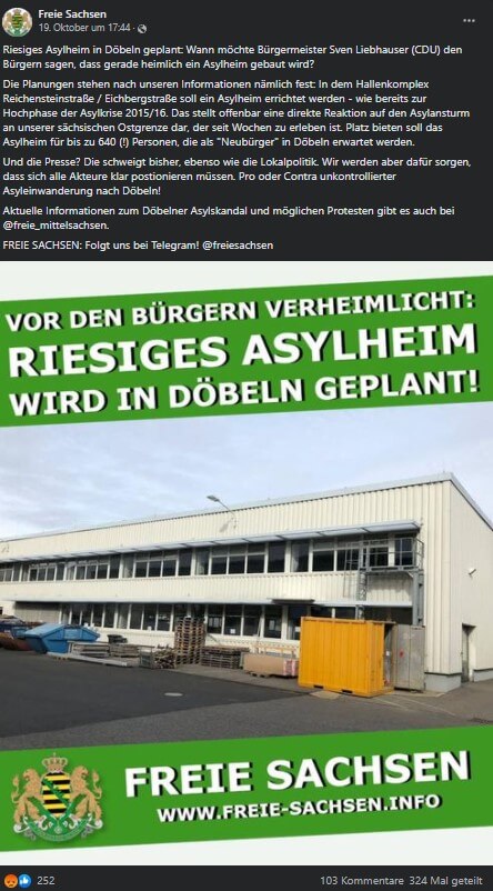 In diesem Facebook-Beitrag der Freien Sachsen wird behauptet, dass im sächsischen Döbeln heimlich eine Asylunterkunft geplant oder bereits gebaut werde. Keine der zuständigen Stellen hat davon Kenntnis.