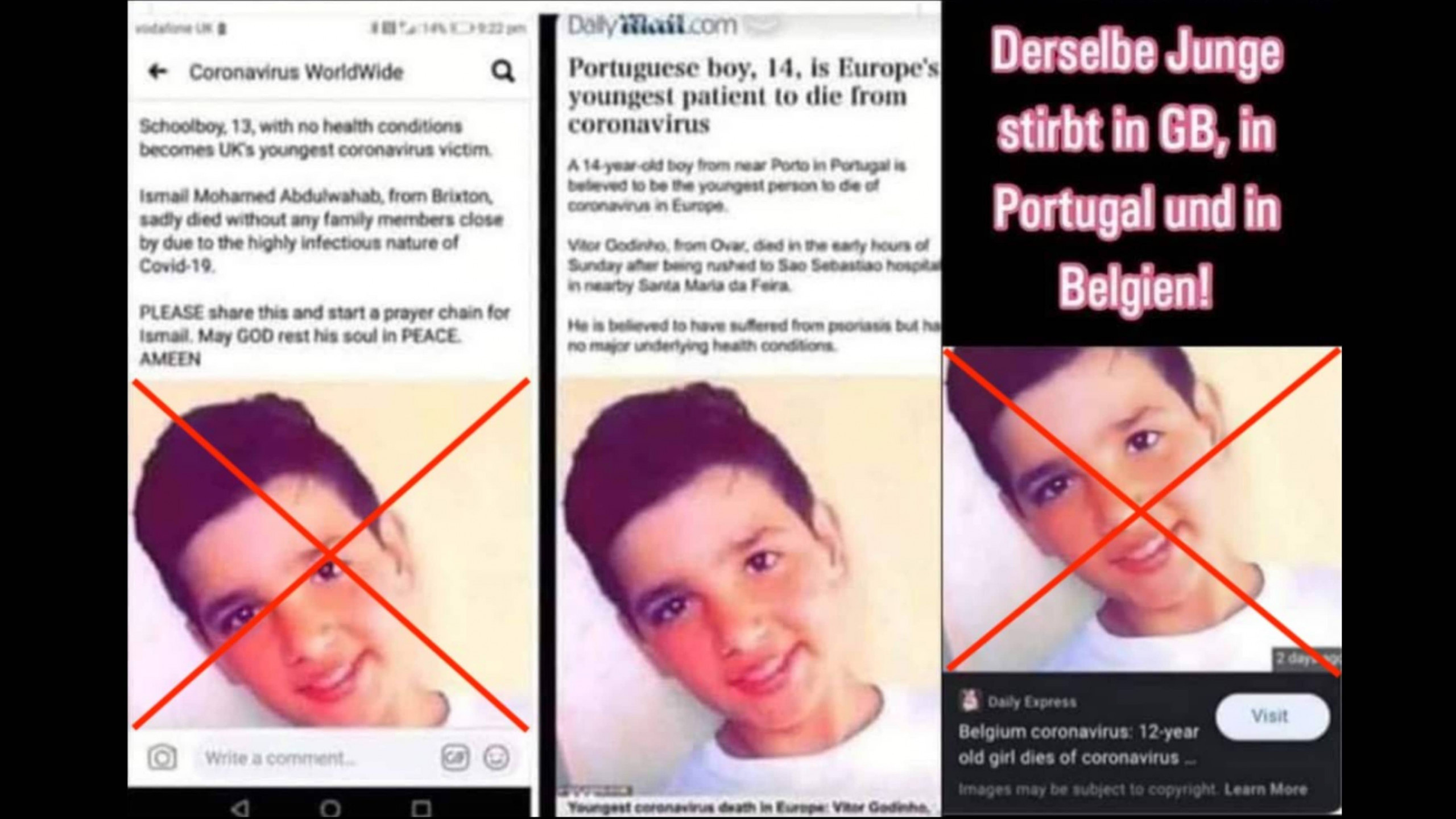 Auf Facebook wird behauptet, derselbe Junge sei in Großbritannien, Portugal und Belgien mit Covid-19 gestorben. In den Berichten in den Screenshots links und rechts geht es aber gar nicht um den Jungen, der auf dem Foto zu sehen ist