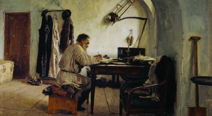 Das Gemälde „Der Schriftsteller Leo Tolstoj in seinem Schreibzimmer“ von Ilja Repin aus dem Jahr 1891