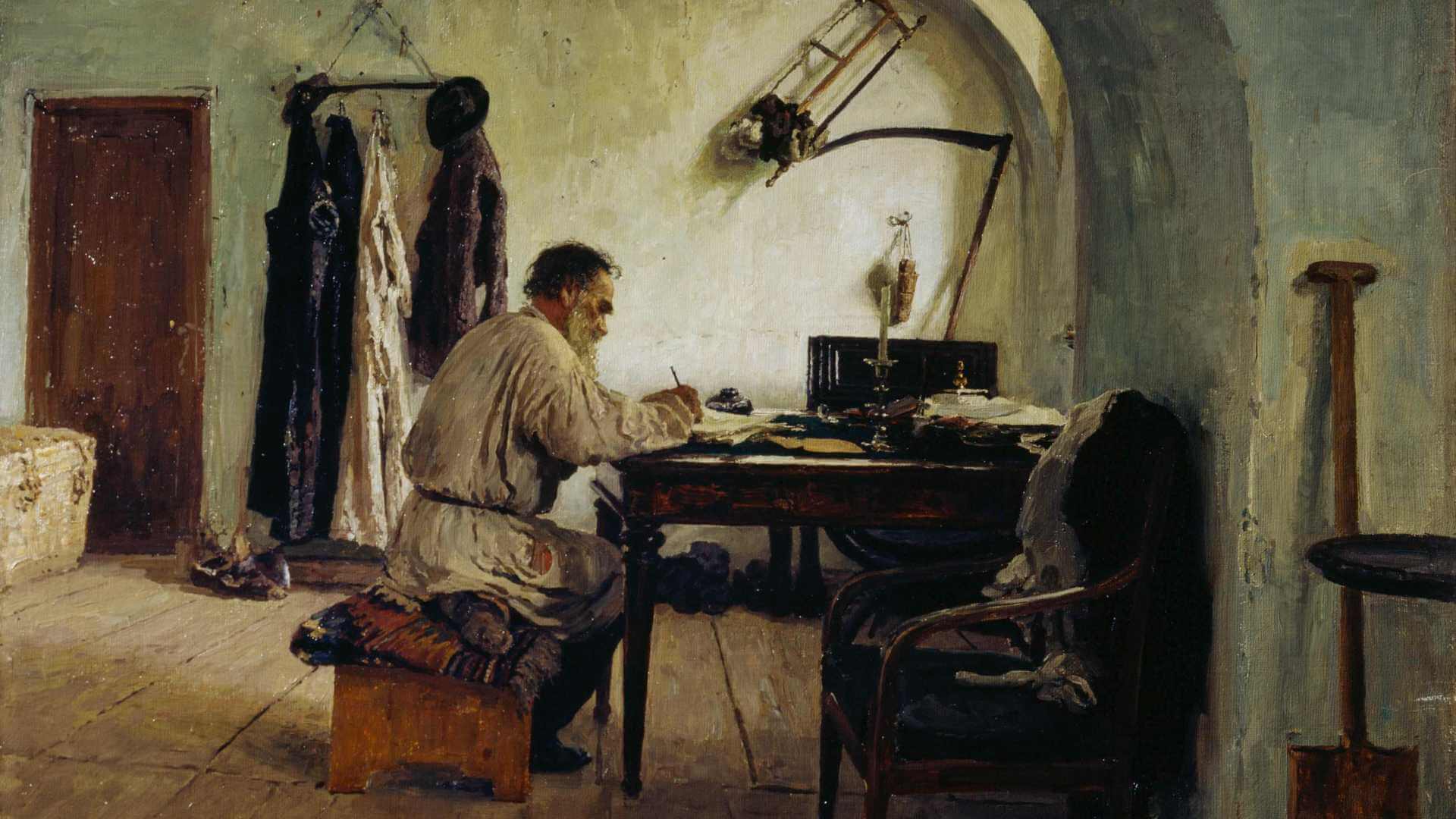 Das Gemälde „Der Schriftsteller Leo Tolstoj in seinem Schreibzimmer“ von Ilja Repin aus dem Jahr 1891