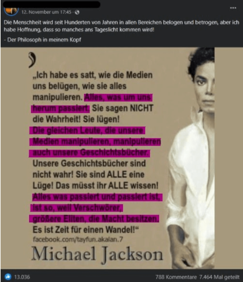Dieses auf Facebook fast 7.500 Mal geteilte Zitat wird Michael Jackson zugeschrieben. Die rot markierten Teile des Zitats sind erfunden (Quelle: Facebook / Markierungen und Schwärzung: CORRECTIV.Faktencheck)