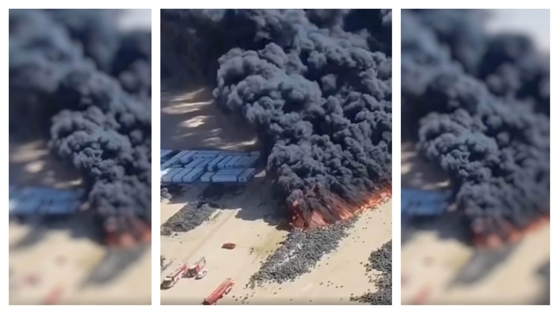 Collage eines Bildes von brennenden Reifen in der Wüste