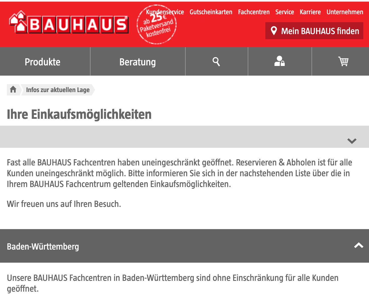 Mit Stand vom 9. Dezember ist der Zugang zu „Bauhaus“-Märkten allen Kunden in Baden-Württemberg gestattet, sowohl geimpften, wie auch ungeimpften (Quelle: Bauhaus/ Screenshot: CORRECTIV.Faktencheck)