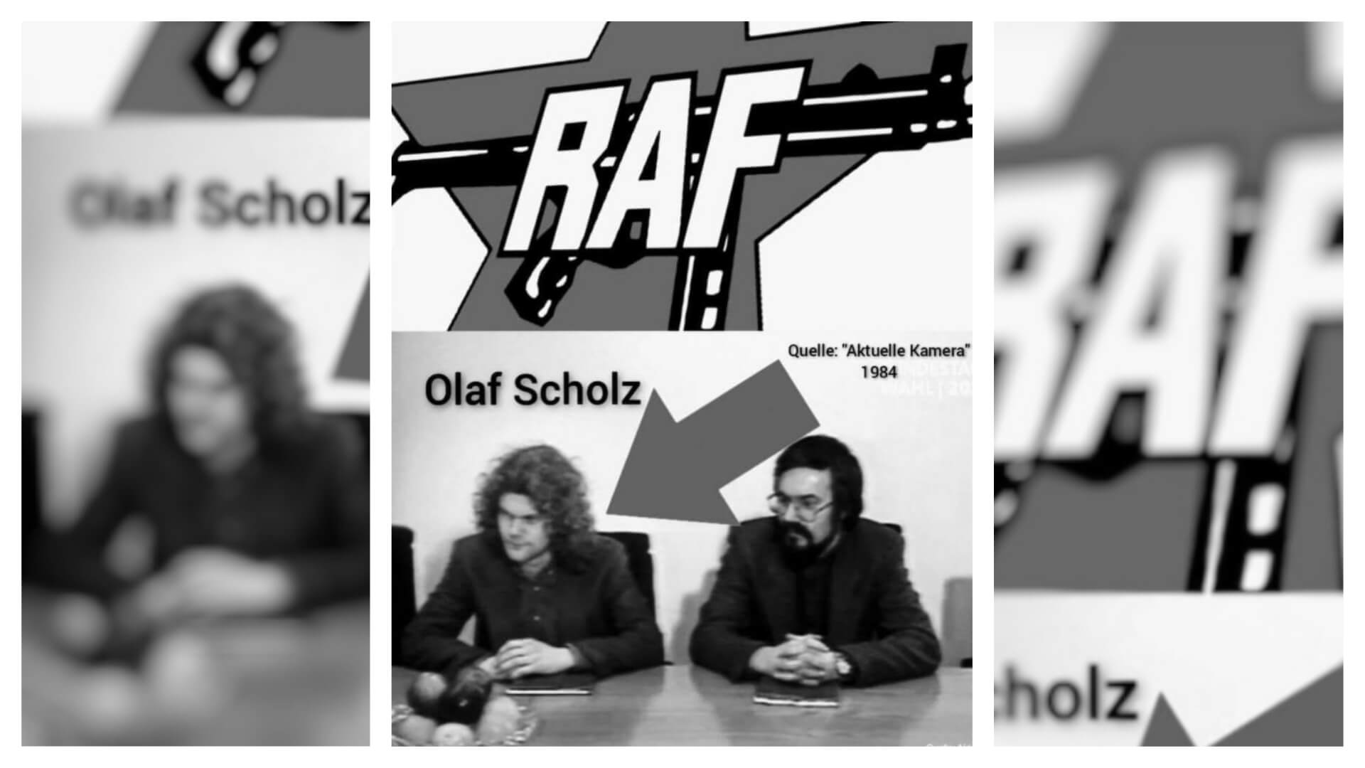Montage eines Bildes von Olaf Scholz vor einem Logo der RAF
