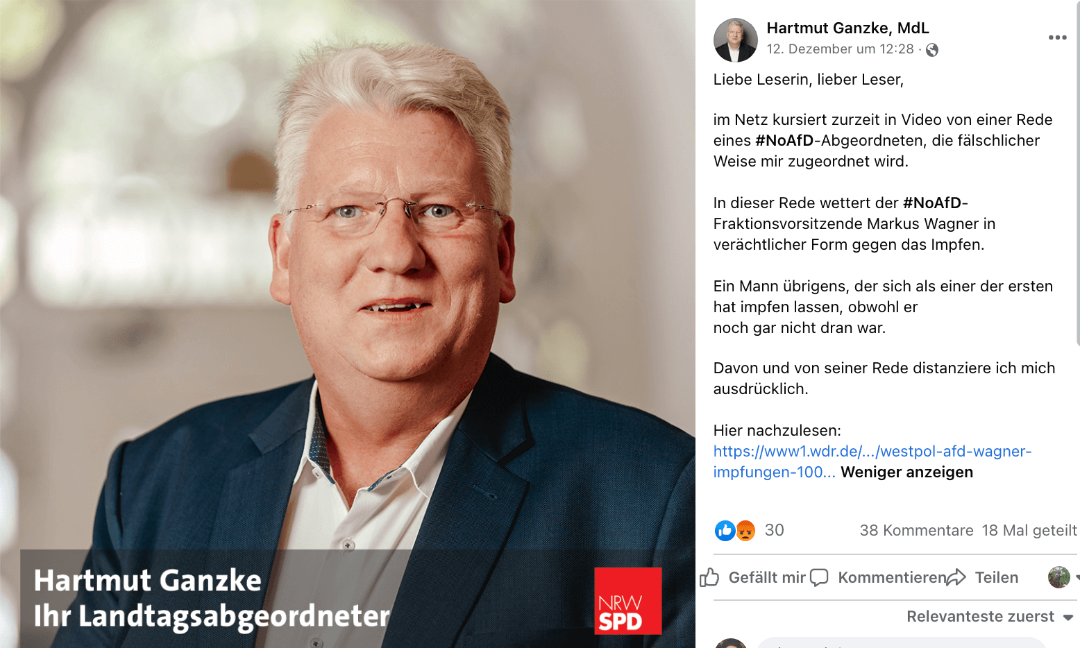 Auf Facebook distanziert sich der SPD-Politiker Hartmut Ganzke von der Rede des AfD-Politikers Markus Wagner