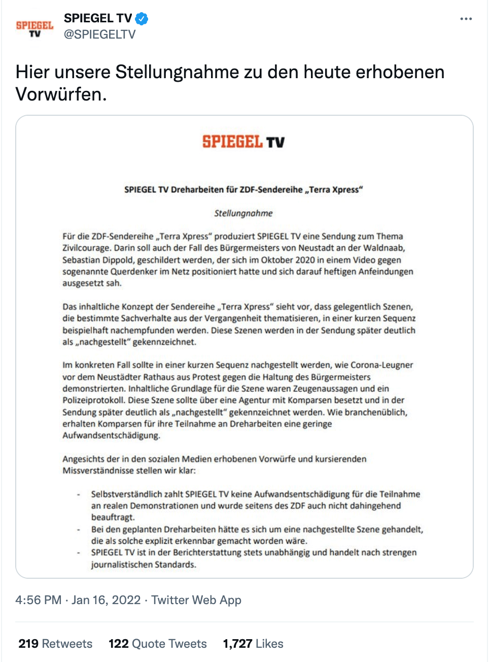 Die Stellungnahme von Spiegel TV zu den Gerüchten um angeblich bezahlte Gegendemonstranten (Quelle: Twitter; Screenshot am 17. Januar: CORRECTIV.Faktencheck)