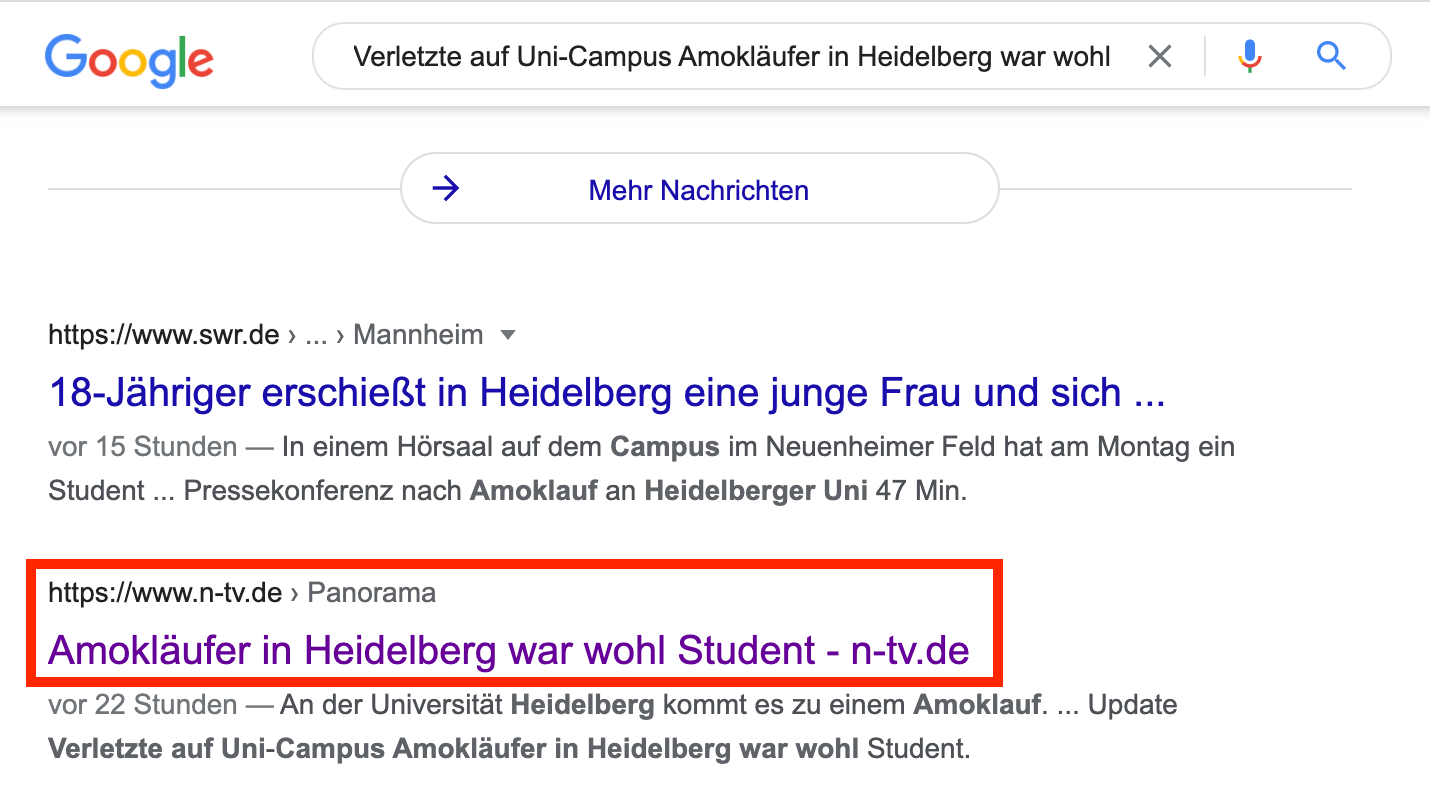„Amokläufer in Heidelberg war wohl Student“ lautet die Überschrift des Original-Artikels der in einer manipulierten Version auf Facebook verbreitet wird (Quelle: Google; Screenshot und Markierung: CORRECTIV.Faktencheck)